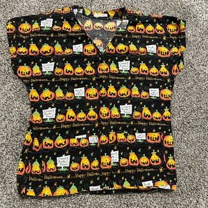Halloween size Extra Small XS scrub shirt top by Jeanne’s Creations pumpkins